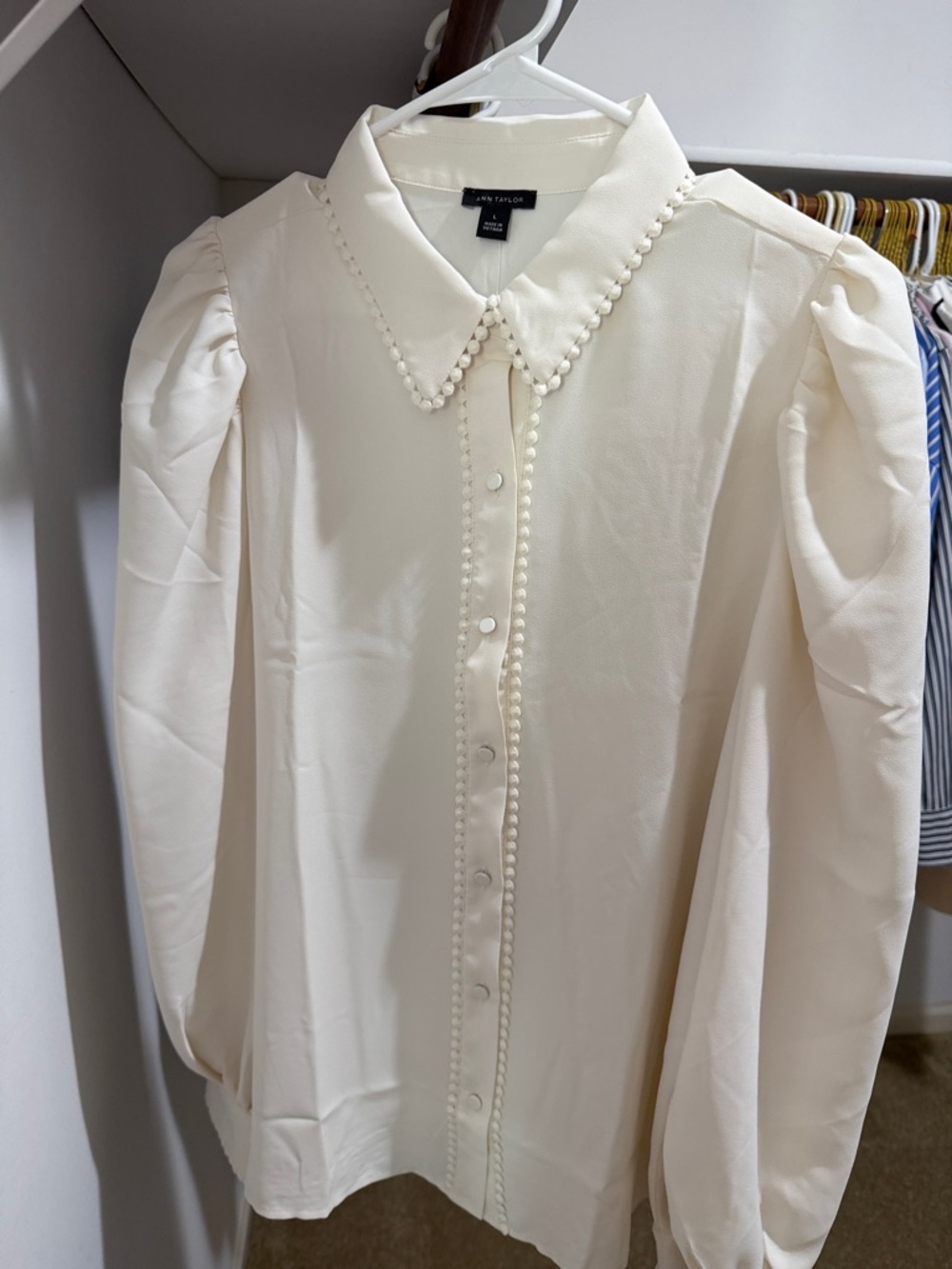 Ann Taylor Ivory Pearl-Trim Button-Up Blouse